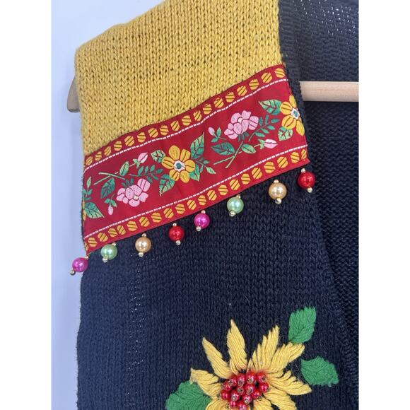 Vintage 90s Ugly Sweater Vest Poinsettia Large Victoria Jones Floral Beaded - Picture 4 of 5